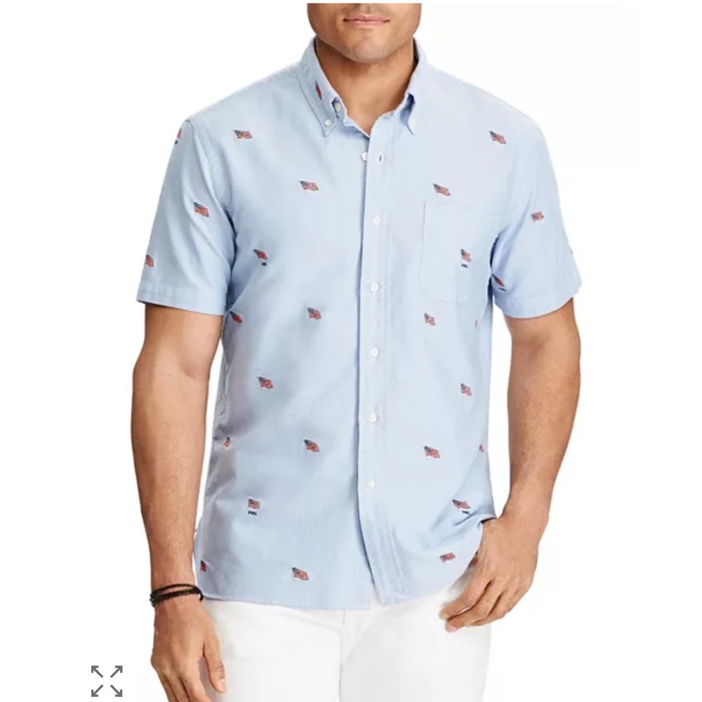 Ralph Lauren‎ Flag Embroidered Classic Fit Button-Down Shirt Men's L Blue